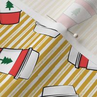 Coffee cups - trees - Christmas coffee - on gold stripes