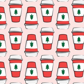 Coffee cups - trees - Christmas - stacked on pink