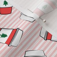 Coffee cups - trees - Christmas coffee - on pink stripes