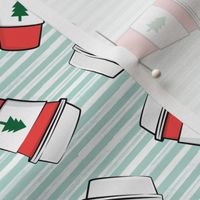 Coffee cups - trees - Christmas coffee - on mint stripes