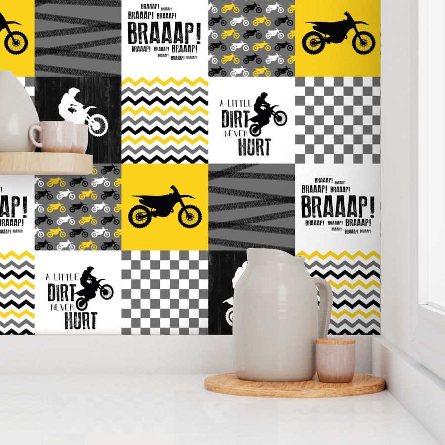 Motocross//A little dirt never hurt//Yellow - Wholecloth Cheater Quilt - Rotated