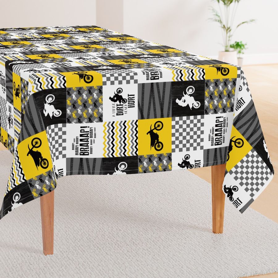 Motocross//A little dirt never hurt//Yellow - Wholecloth Cheater Quilt - Rotated