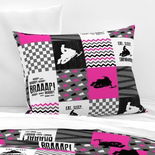 Eat Sleep Snowmobile//Hot Pink - Wholecloth Cheater Quilt