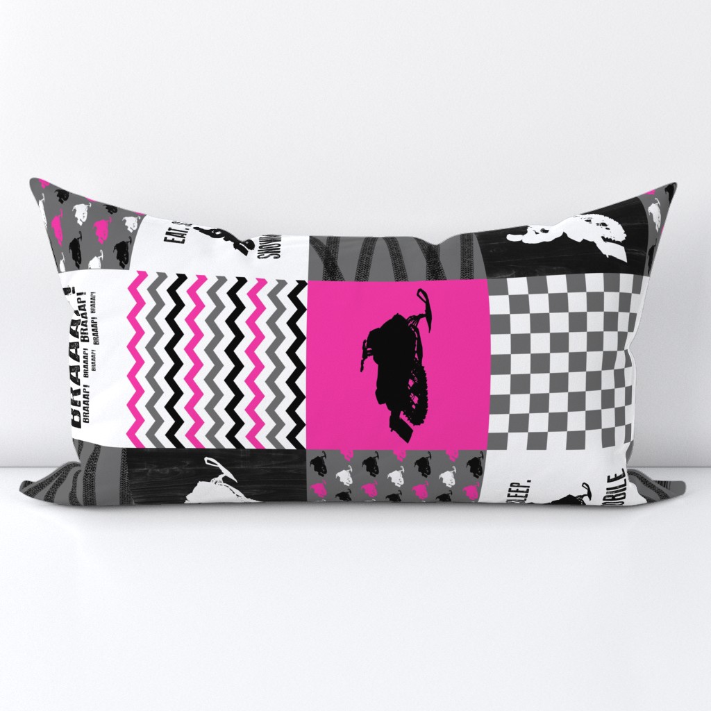 Eat Sleep Snowmobile//Hot Pink - Wholecloth Cheater Quilt - Rotated