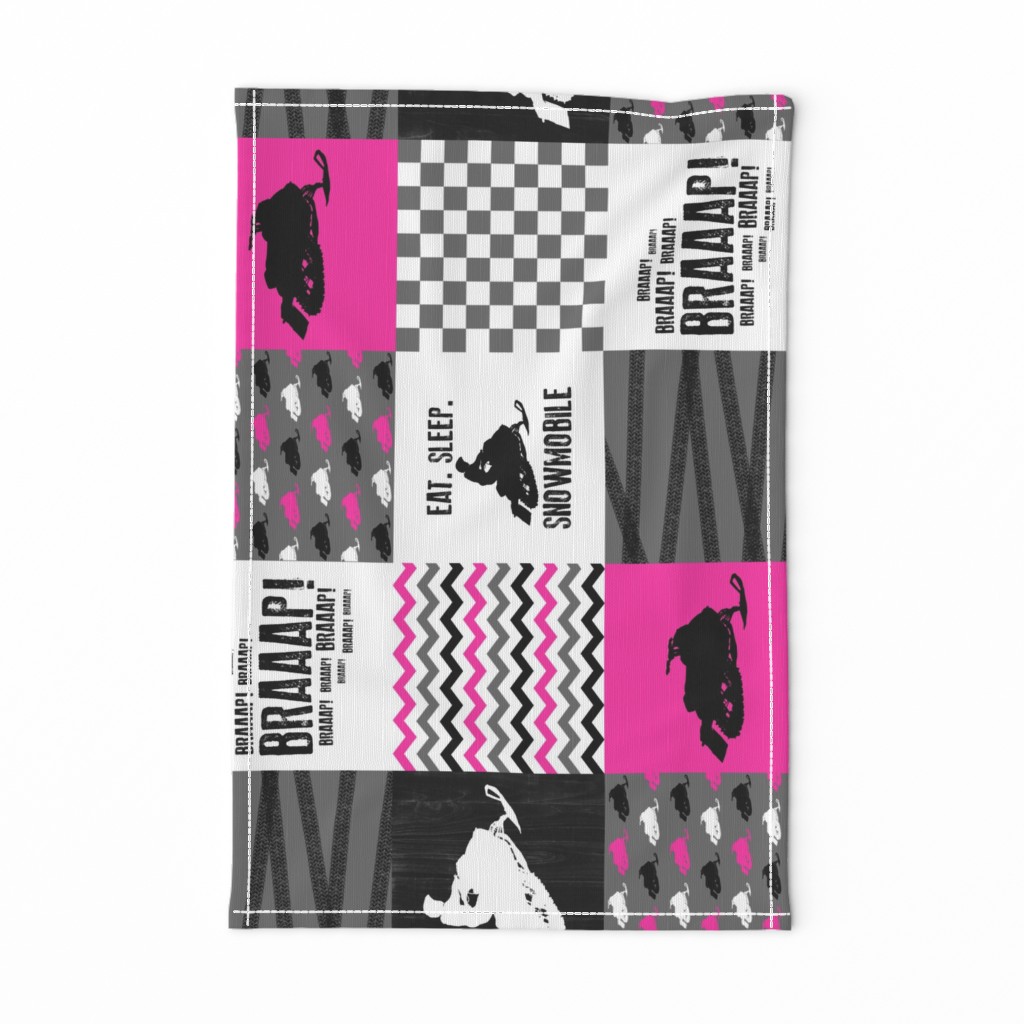 Eat Sleep Snowmobile//Hot Pink - Wholecloth Cheater Quilt - Rotated