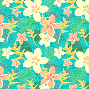 Tropical Flowers and Leaves on Turquoise