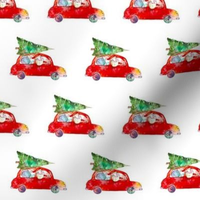 Xmas santa in the car || watercolor pattern