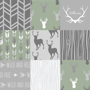 Wholecloth Quilt- Custom green (soft green) and Grey Deer a Patchwork  Squares