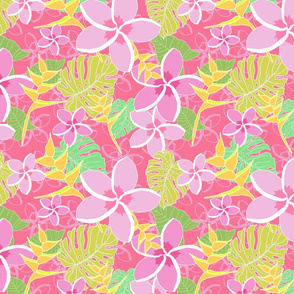 Tropical Flowers and Leaves on deep Pink