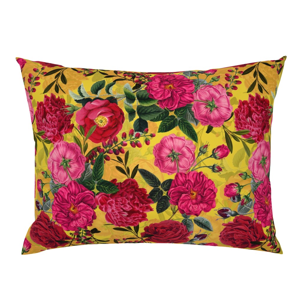 Nostalgic Enchanting Pink And Burgundy Pierre-Joseph Redouté Roses,Antique Flowers Bouquets, vintage home decor,  English Roses Fabric yellow 