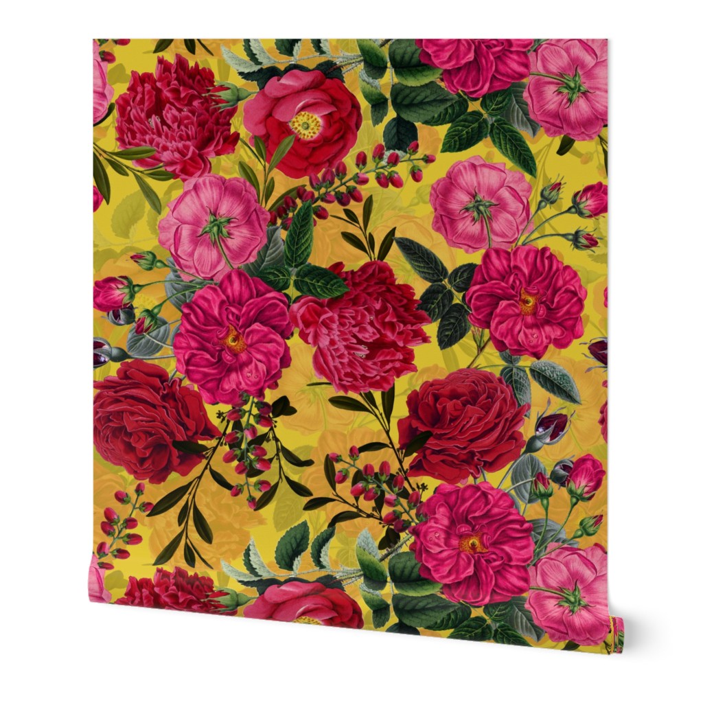 Nostalgic Enchanting Pink And Burgundy Pierre-Joseph Redouté Roses,Antique Flowers Bouquets, vintage home decor,  English Roses Fabric yellow 