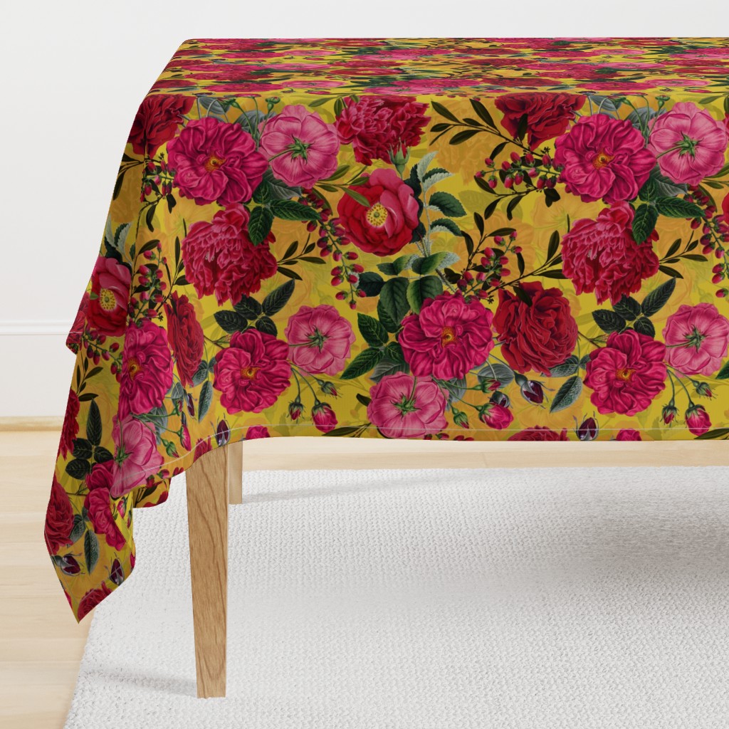 Nostalgic Enchanting Pink And Burgundy Pierre-Joseph Redouté Roses,Antique Flowers Bouquets, vintage home decor,  English Roses Fabric yellow 