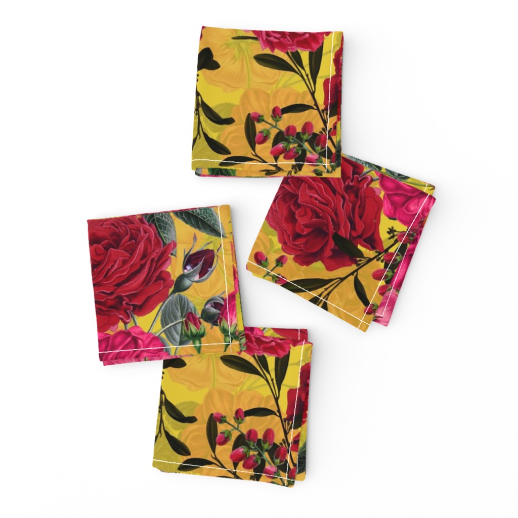 Nostalgic Enchanting Pink And Burgundy Pierre-Joseph Redouté Roses,Antique Flowers Bouquets, vintage home decor,  English Roses Fabric yellow 