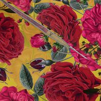 Nostalgic Enchanting Pink And Burgundy Pierre-Joseph Redouté Roses,Antique Flowers Bouquets, vintage home decor,  English Roses Fabric yellow 