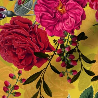 Nostalgic Enchanting Pink And Burgundy Pierre-Joseph Redouté Roses,Antique Flowers Bouquets, vintage home decor,  English Roses Fabric yellow 