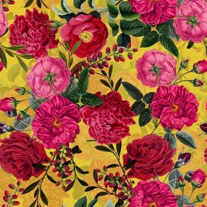 18" Pierre-Joseph Redouté- Moody Florals Roses on yellow, english antiqued rose fabric,Vintage home decor, antique wallpaper,