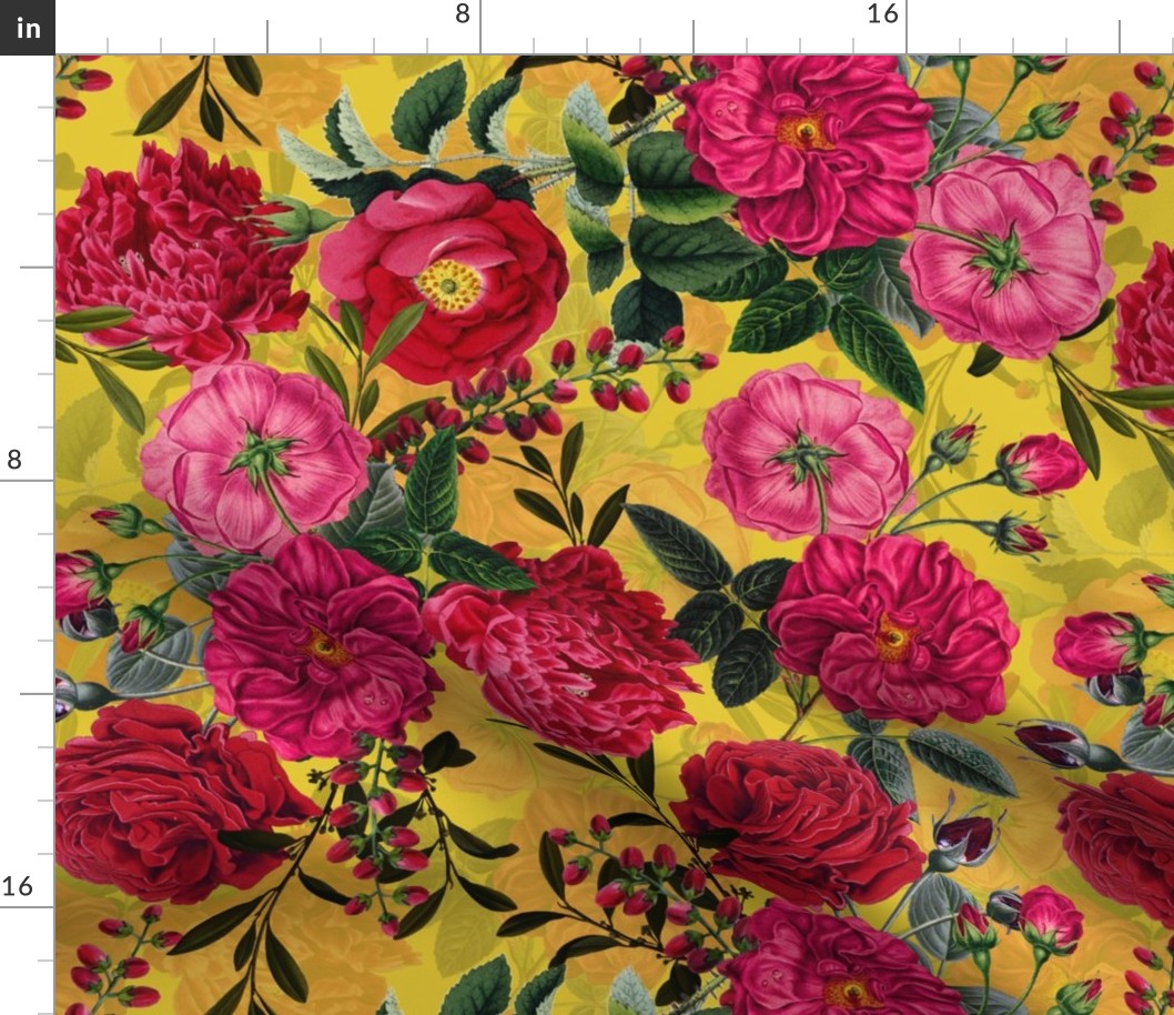 Nostalgic Enchanting Pink And Burgundy Pierre-Joseph Redouté Roses,Antique Flowers Bouquets, vintage home decor,  English Roses Fabric yellow 