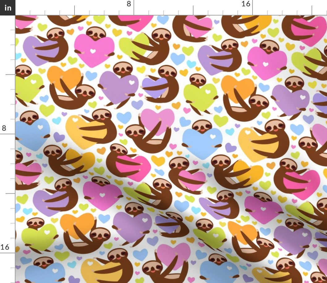 Cute kawaii Three-toed sloths and  hearts, on white background