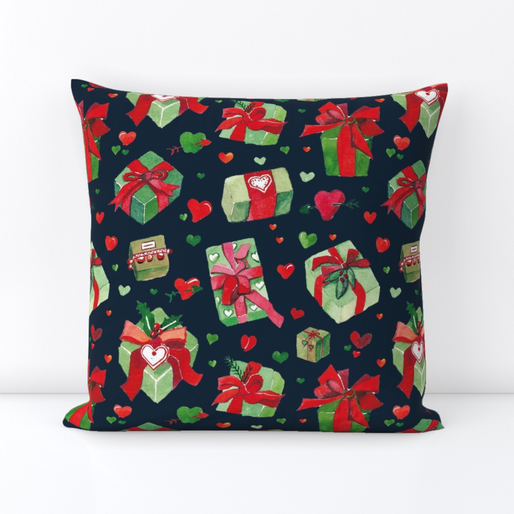 lovely wrapped aquarel christmas presents | red and green