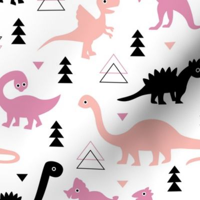 Adorable dino dinosaur fantasy geometric triangles and funky animal illustration theme for kids pink pastel apricot