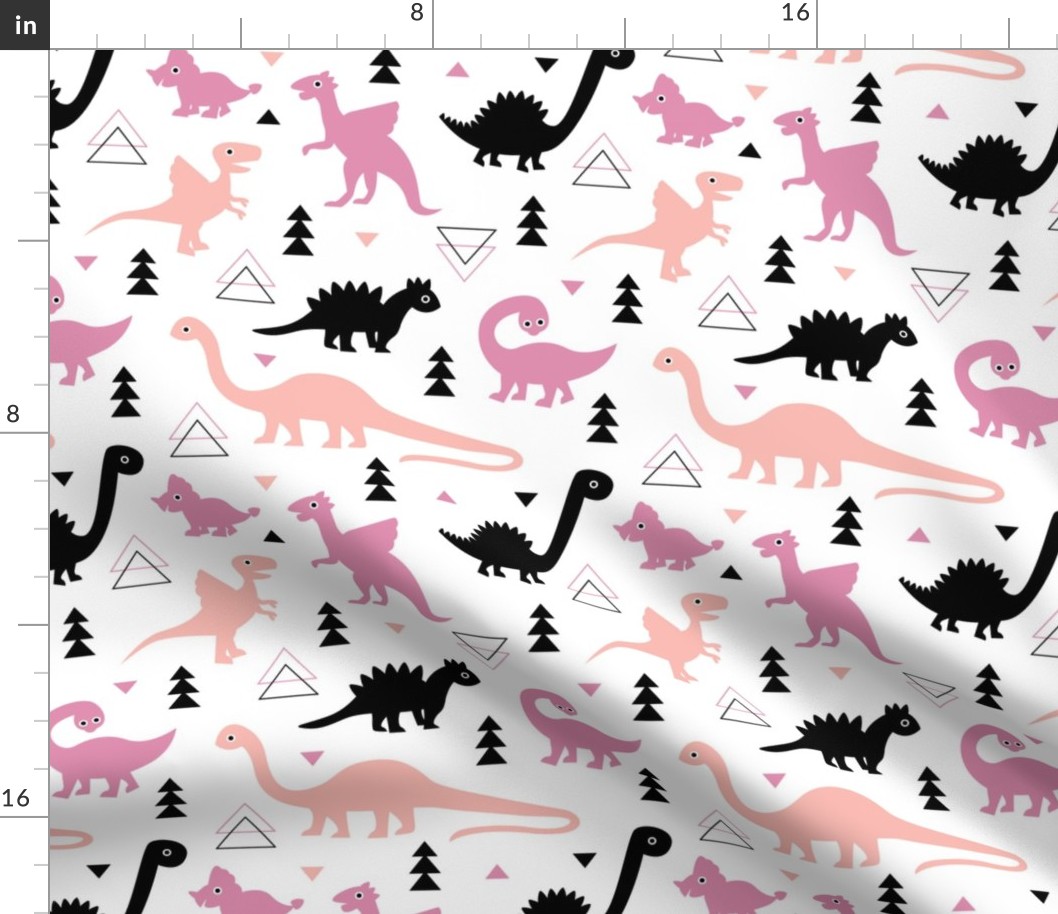 Adorable dino dinosaur fantasy geometric triangles and funky animal illustration theme for kids pink pastel apricot