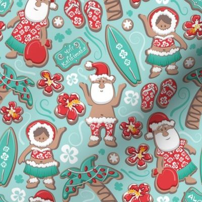 Small scale // Mele Kalikimaka Hawaiian Christmas gingerbread cookies // aqua background aqua holiday cookies