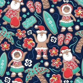 Small scale // Mele Kalikimaka Hawaiian Christmas gingerbread cookies // navy blue background aqua holiday cookies
