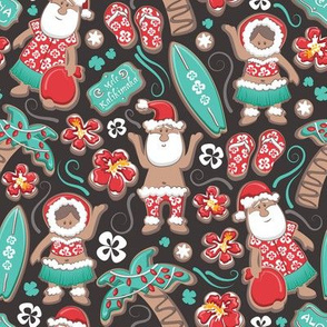 Small scale // Mele Kalikimaka Hawaiian Christmas gingerbread cookies // brown background aqua holiday cookies