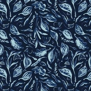 Falling Leaves Indigo Faded Denim Batik