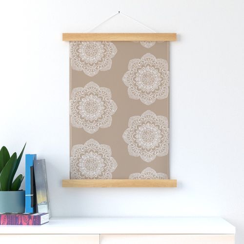 white medallion on beige tan khaki block print