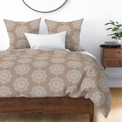 white medallion on beige tan khaki block print