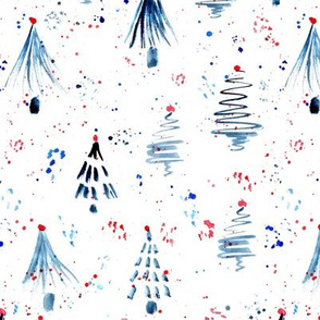 Firs and confetti on the snow - Russian style xmas, watercolor