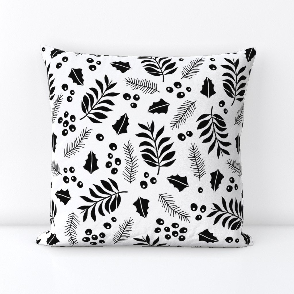 Botanical christmas garden pine leaves holly branch monochrome black JUMBO