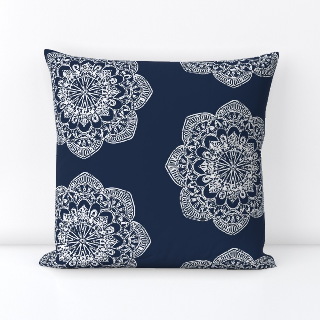 white medallion on navy block print circles