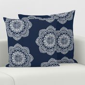 white medallion on navy block print circles