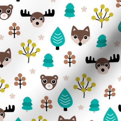 Winter wonderland Christmas woodland animals moose fox wolf and bear kids canada theme gender neutral ochre blue