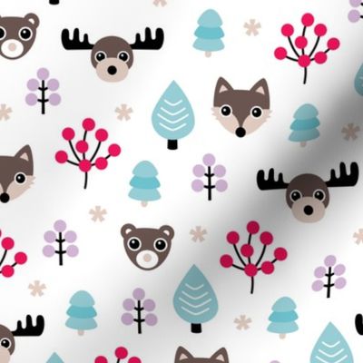 Winter wonderland Christmas woodland animals moose fox wolf and bear kids canada theme girls lilac pink