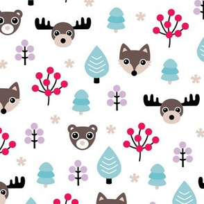 Winter wonderland Christmas woodland animals moose fox wolf and bear kids canada theme girls lilac pink