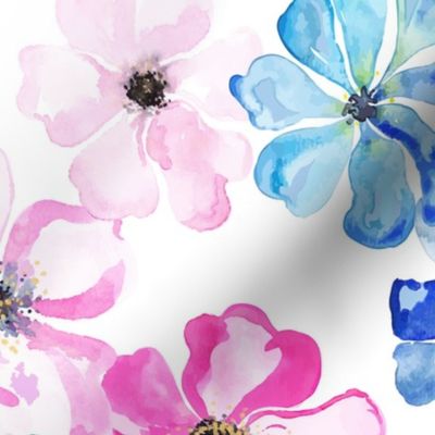 Pink and blue big scale watercolor flowers from Anines Atelier. Loose watercolor style