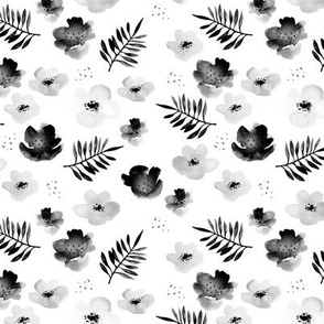 Botanical garden watercolors summer palm leaves and cherry flowers blossom  monochrome black and white