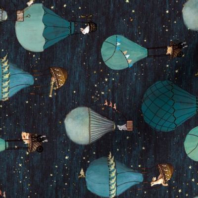 Small 4 inch Horizontal Night Woodland Animal Adventure Hot Air Balloon Flight, stars, night sky, hand-drawn, baby shower, boy  nursery, kids, baby Boy, clothes quilt  450 dpi