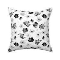 Botanical garden watercolors summer palm leaves and cherry flowers blossom  monochrome black and white LARGE