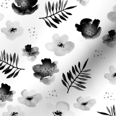 Botanical garden watercolors summer palm leaves and cherry flowers blossom  monochrome black and white LARGE