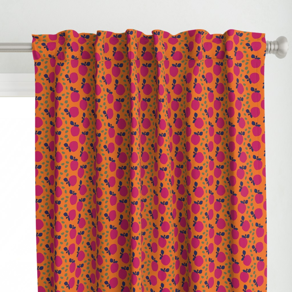 Colorful fuchsia apples seamless pattern on an orange background