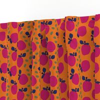 Colorful fuchsia apples seamless pattern on an orange background