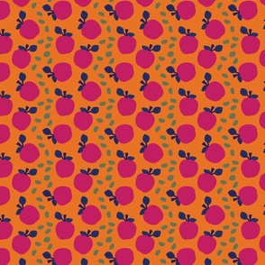 Colorful fuchsia apples seamless pattern on an orange background