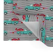 aqua vintage truck with hearts - valentines day - black stripes