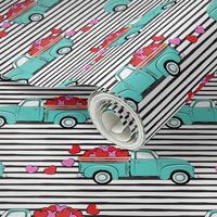 aqua vintage truck with hearts - valentines day - black stripes