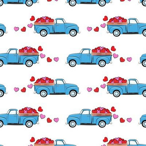 blue vintage truck with hearts - valentines day - white