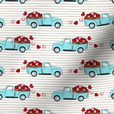 light blue vintage truck with hearts - valentines day - grey stripes